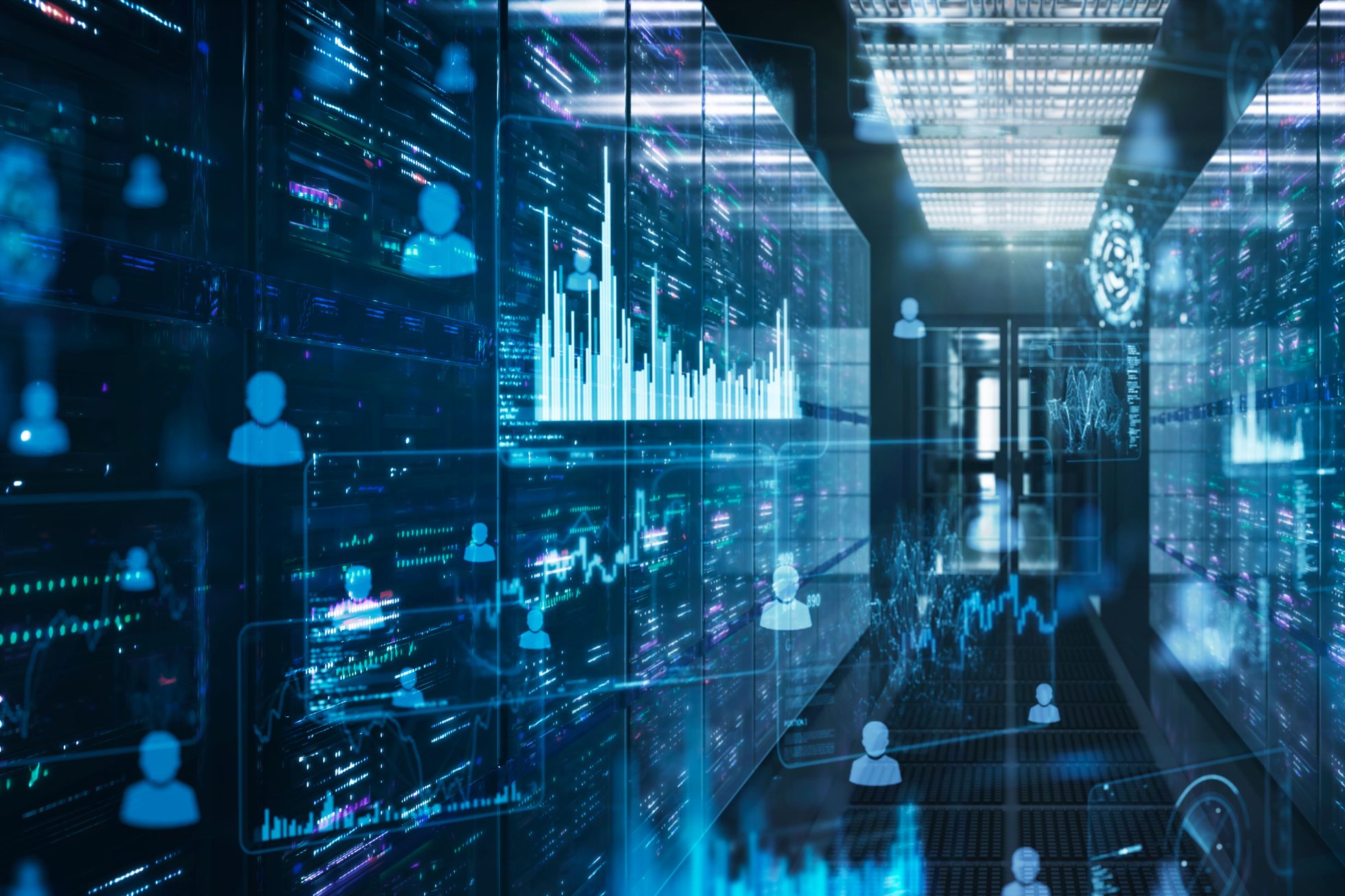 Futuristic server room with the flowing people and data.