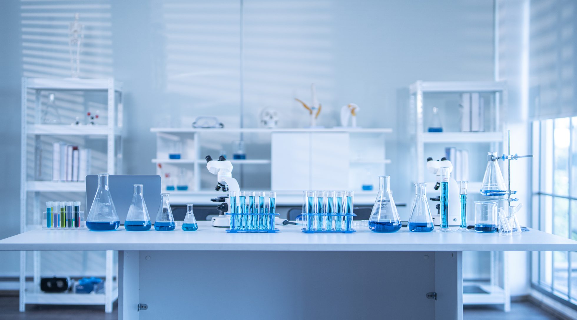 Modern Empty Science Laboratory With  Microscopes, Test Tubes And Other Laboratory Equipments