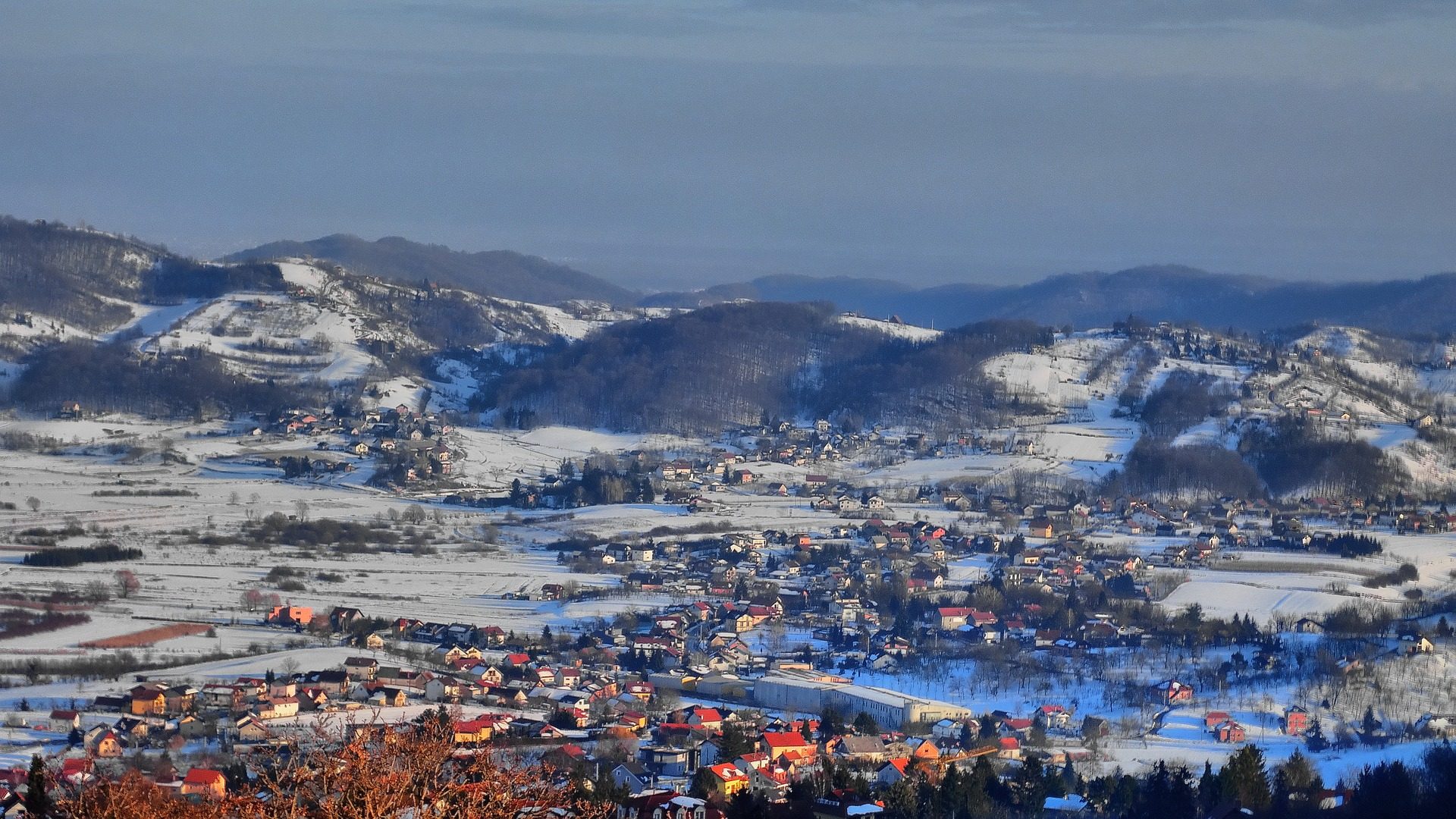 Buildings in Samobor, Croatia in winter from a bird's eye view
