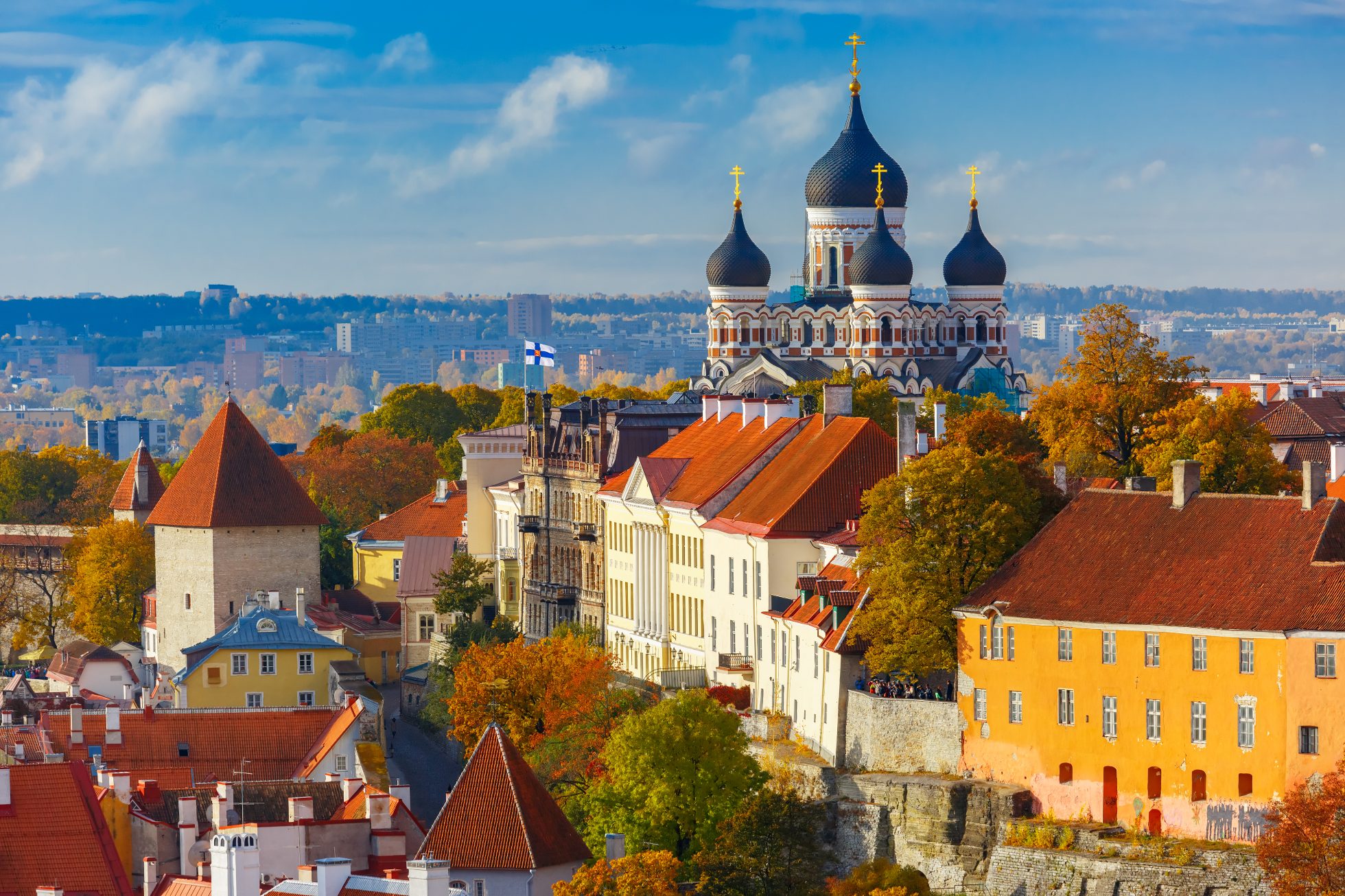 Wzgórze Toompea z murem twierdzy, wieżą i rosyjską prawosławną katedrą Aleksandra Newskiego, widok z wieży kościoła św Olafa, Tallin, Estonia