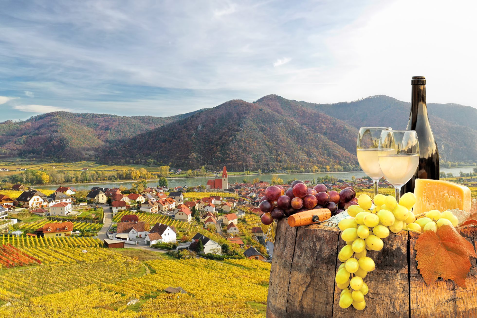 Butelka białego wina w kieliszkach przeciwko wiosce Weissenkirchen z jesiennymi winnicami w dolinie Wachau w Austrii, kuchnia austriacka