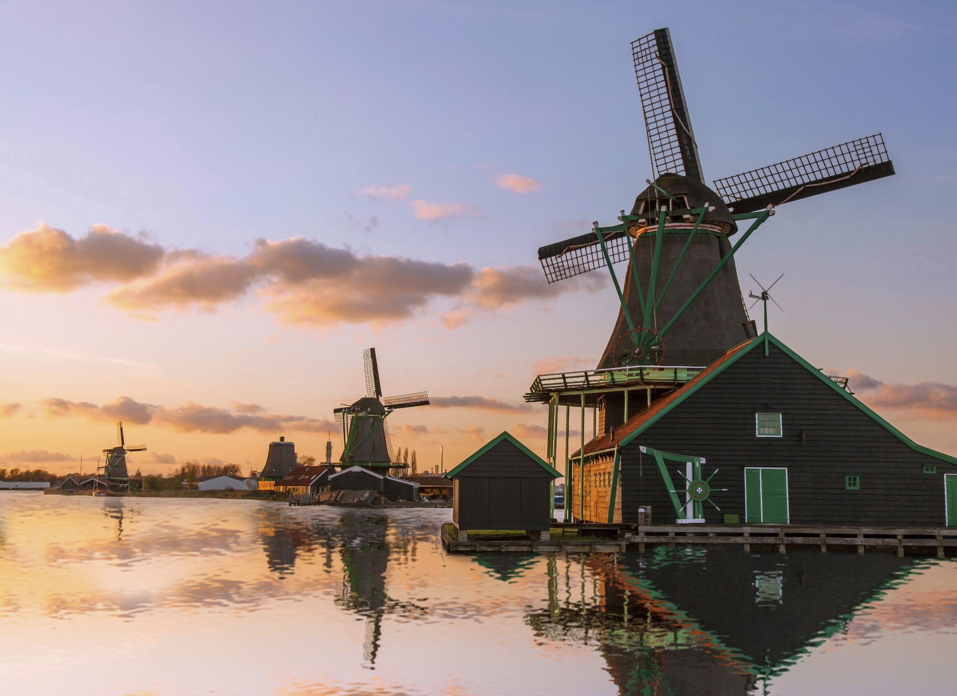Traditional Dutch Windmills in Zaanse Schans, Amsterdam Area, Holland