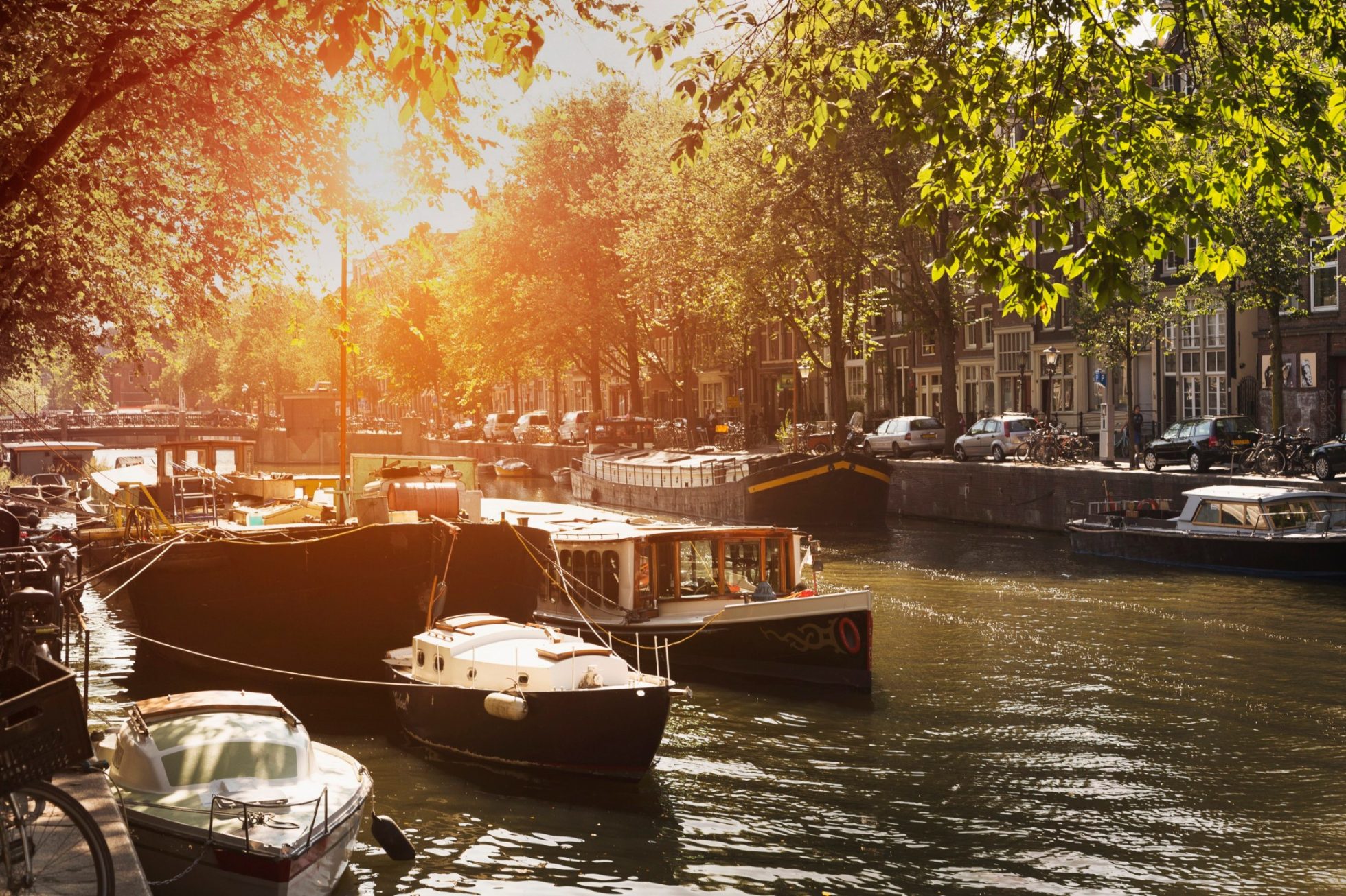 Boats on the channel in Amsterdam