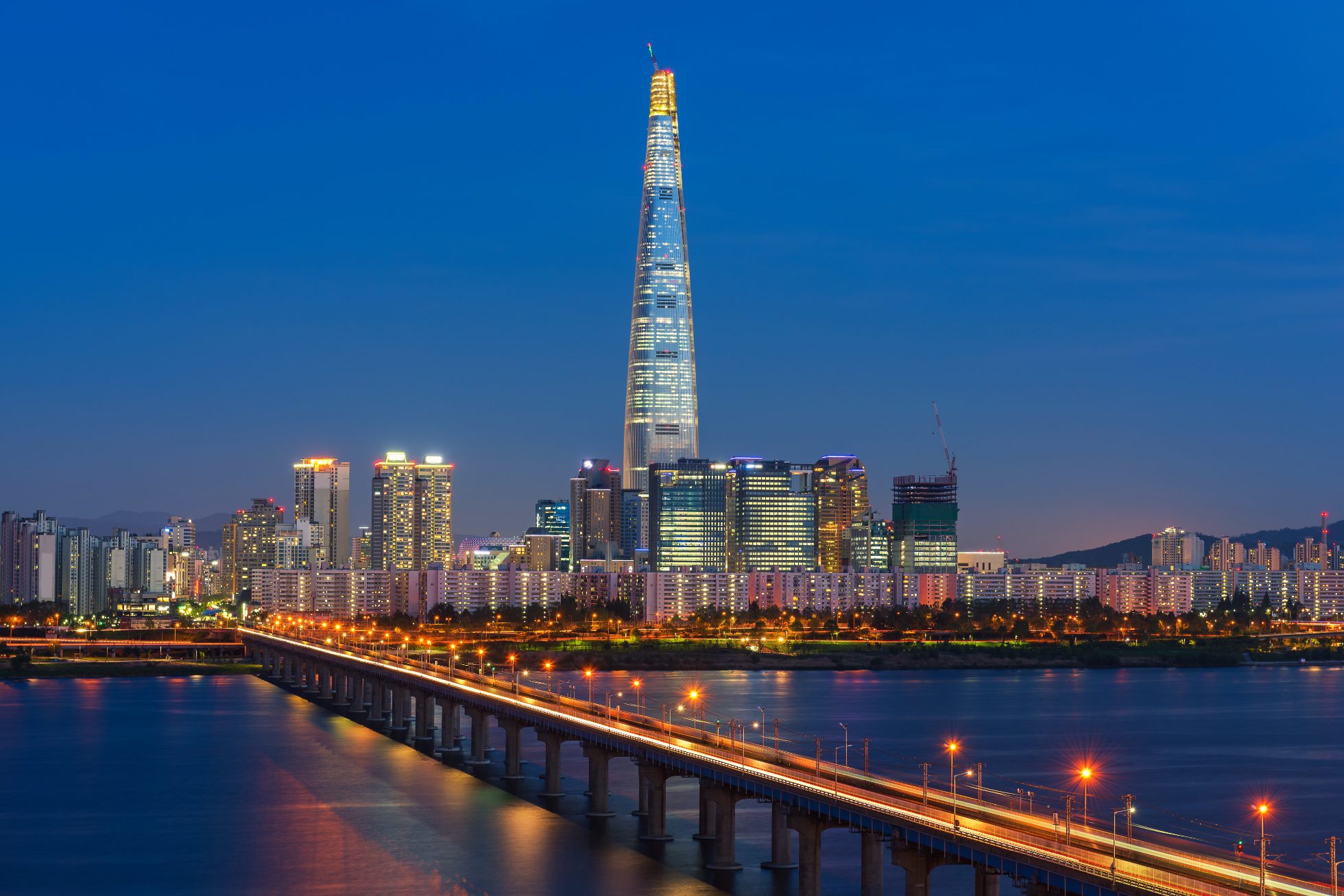 Seoul Subway and Seoul City Skyline at Han river Seoul, South korea.