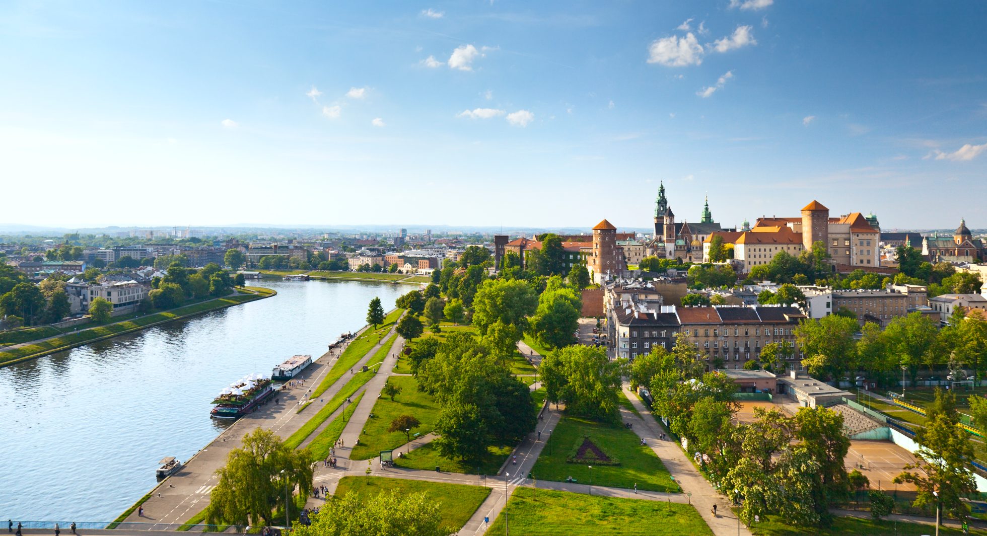 A bird's eye view of the Old Town panorama and the Vistula River in Krakow.