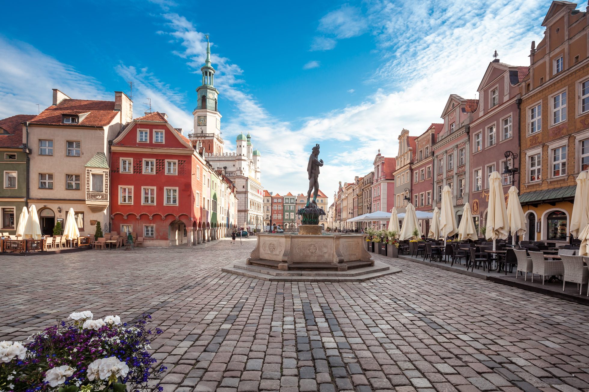 Colorful buildings of the Old Town in Warsaw in the light of the rising sun