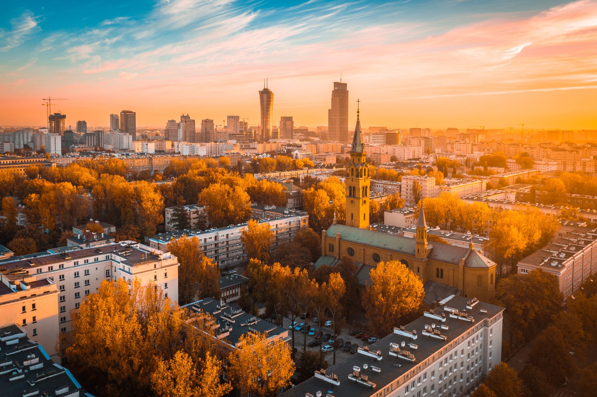 Panoramic view of Warsaw in autumn at sunset, holiday in October