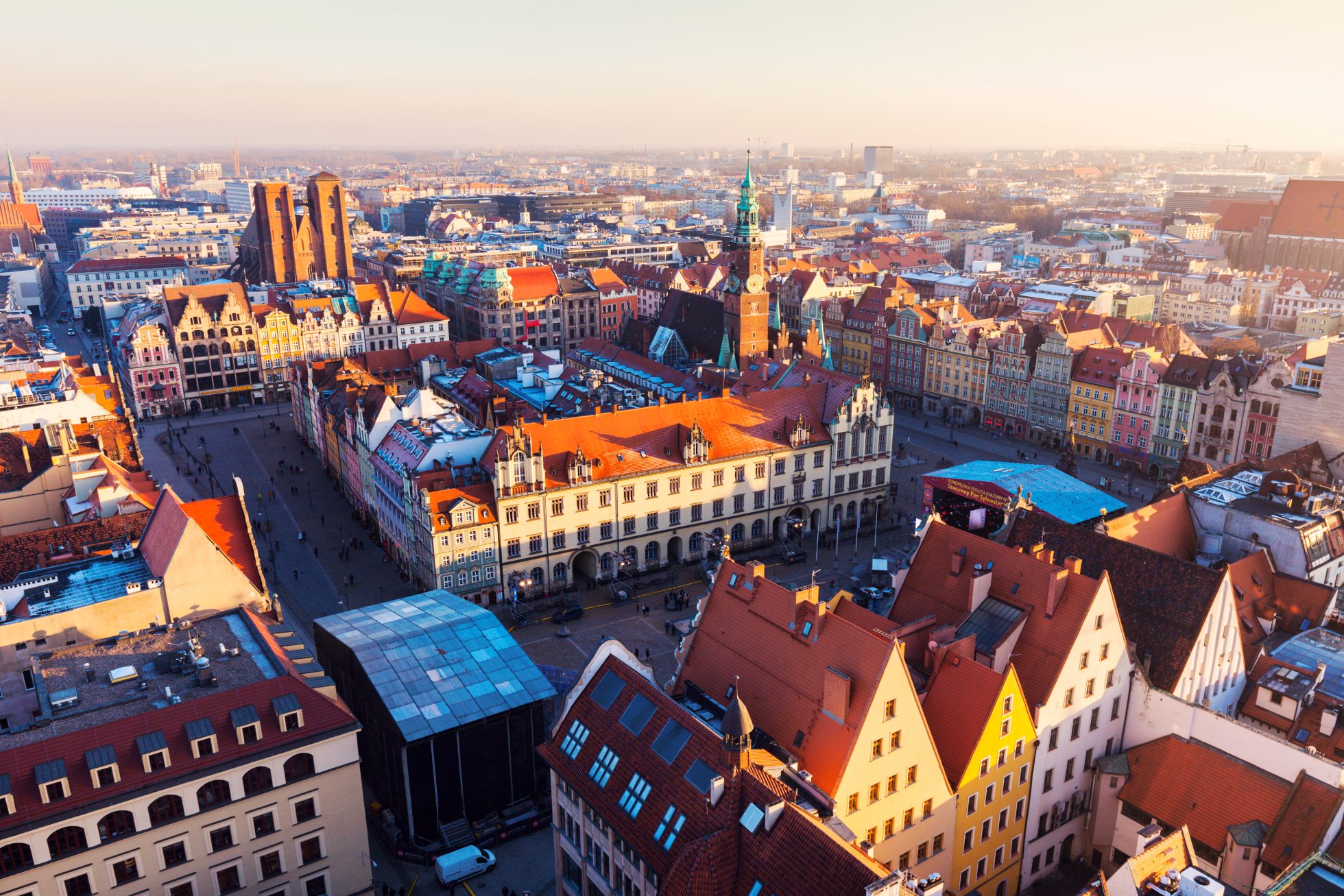 Rynek we Wrocławiu o zachodzie słońca. Wrocław, Dolnośląskie, Polska.