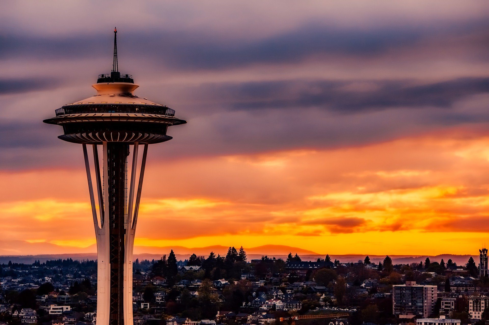 View of the famous Space Needle tower in Seattle Center