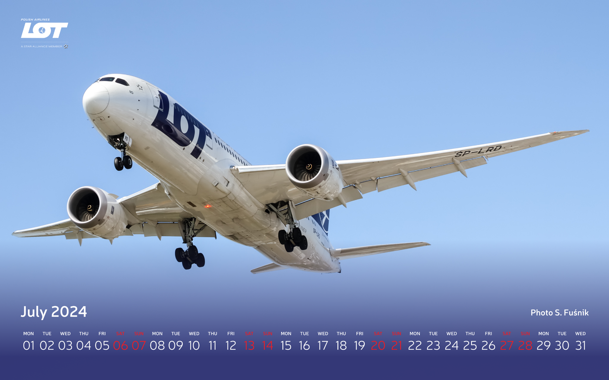 Passenger plane of LOT Polish Airlines against a clear sky.