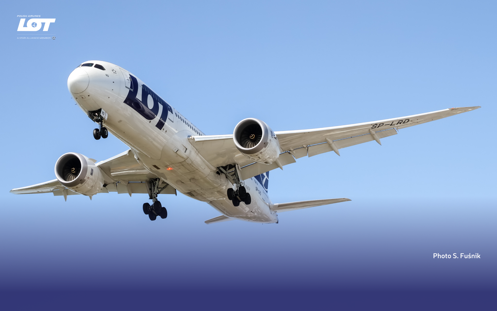 Passenger plane of LOT Polish Airlines against a clear sky.