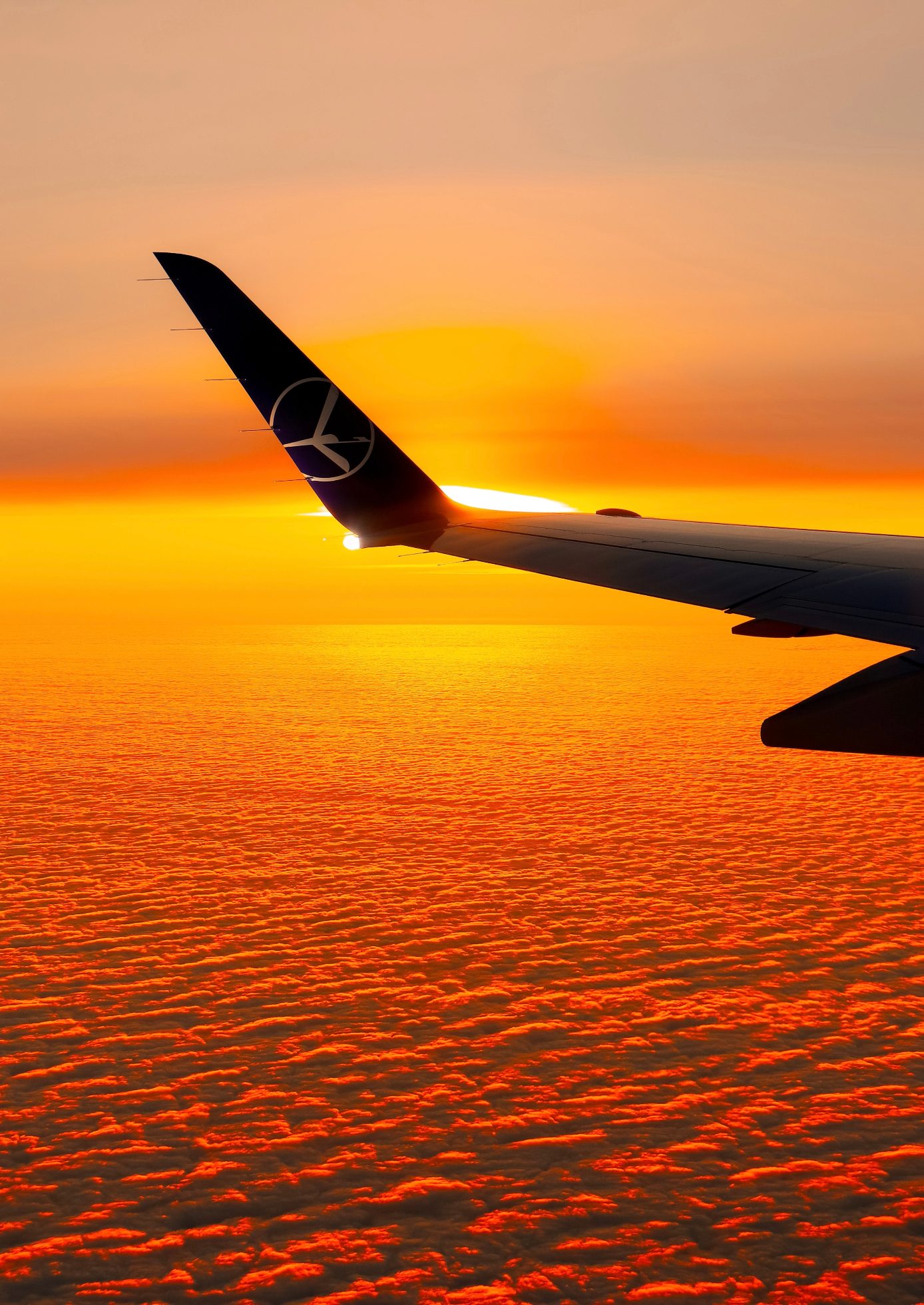 Skrzydło Embraer 175 o zachodzie słońca