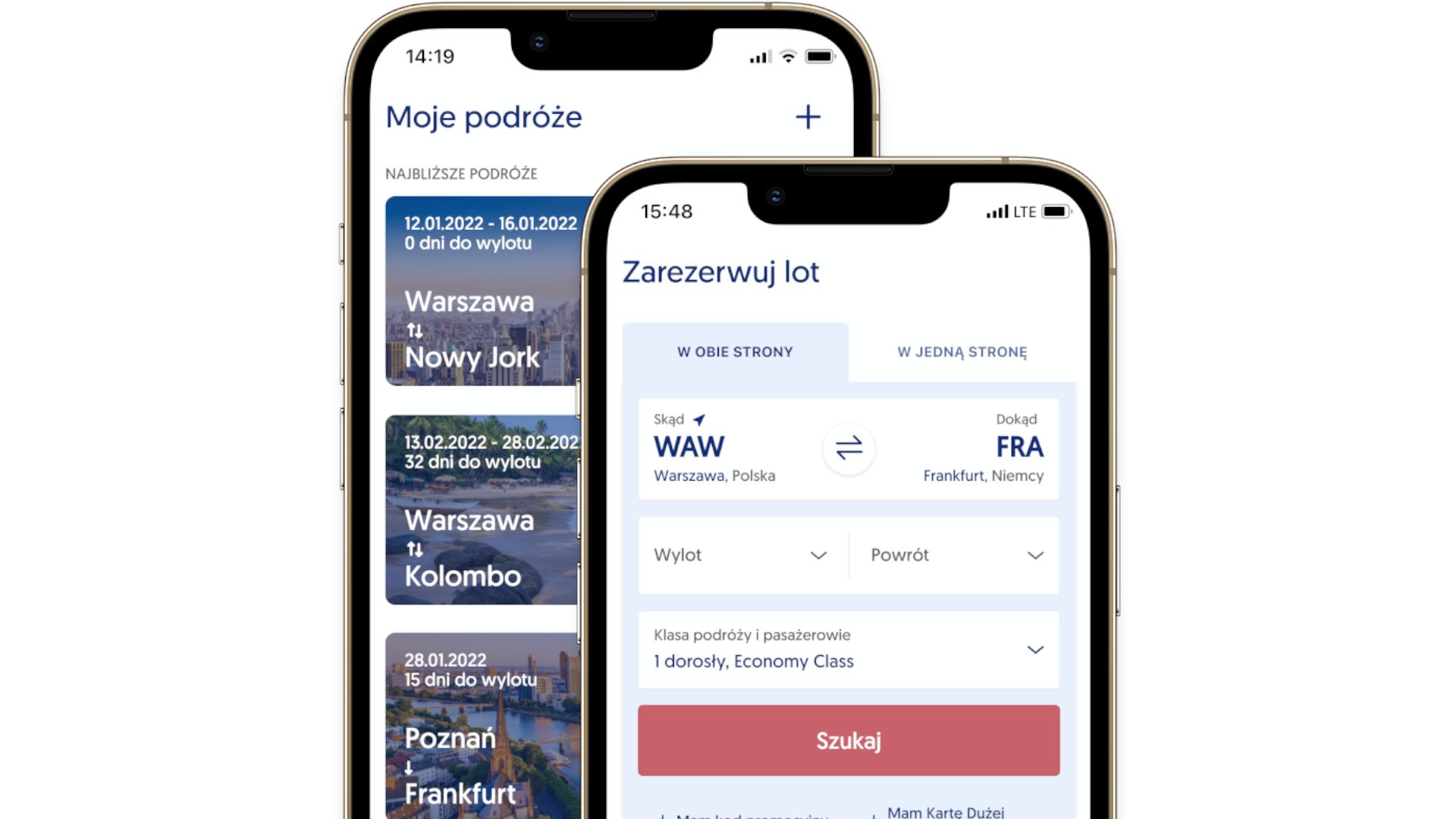 Telefony wyświetlające aplikację LOTu 
