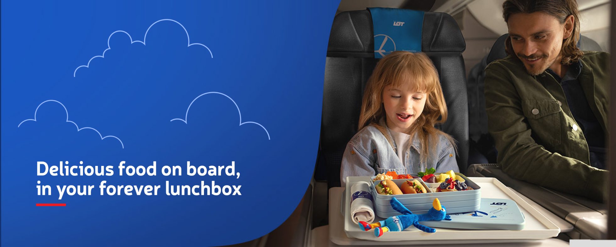girl on the plane with delicious meal for kids