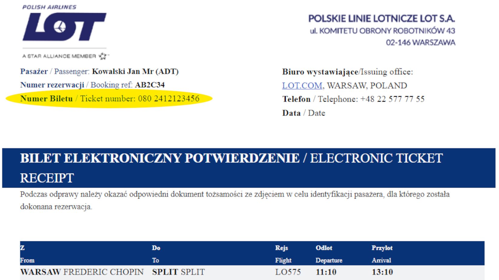 Potwierdzenie biletu elektronicznego otrzymanego na skrzynkę e-mail z zaznaczonym numerem biletu