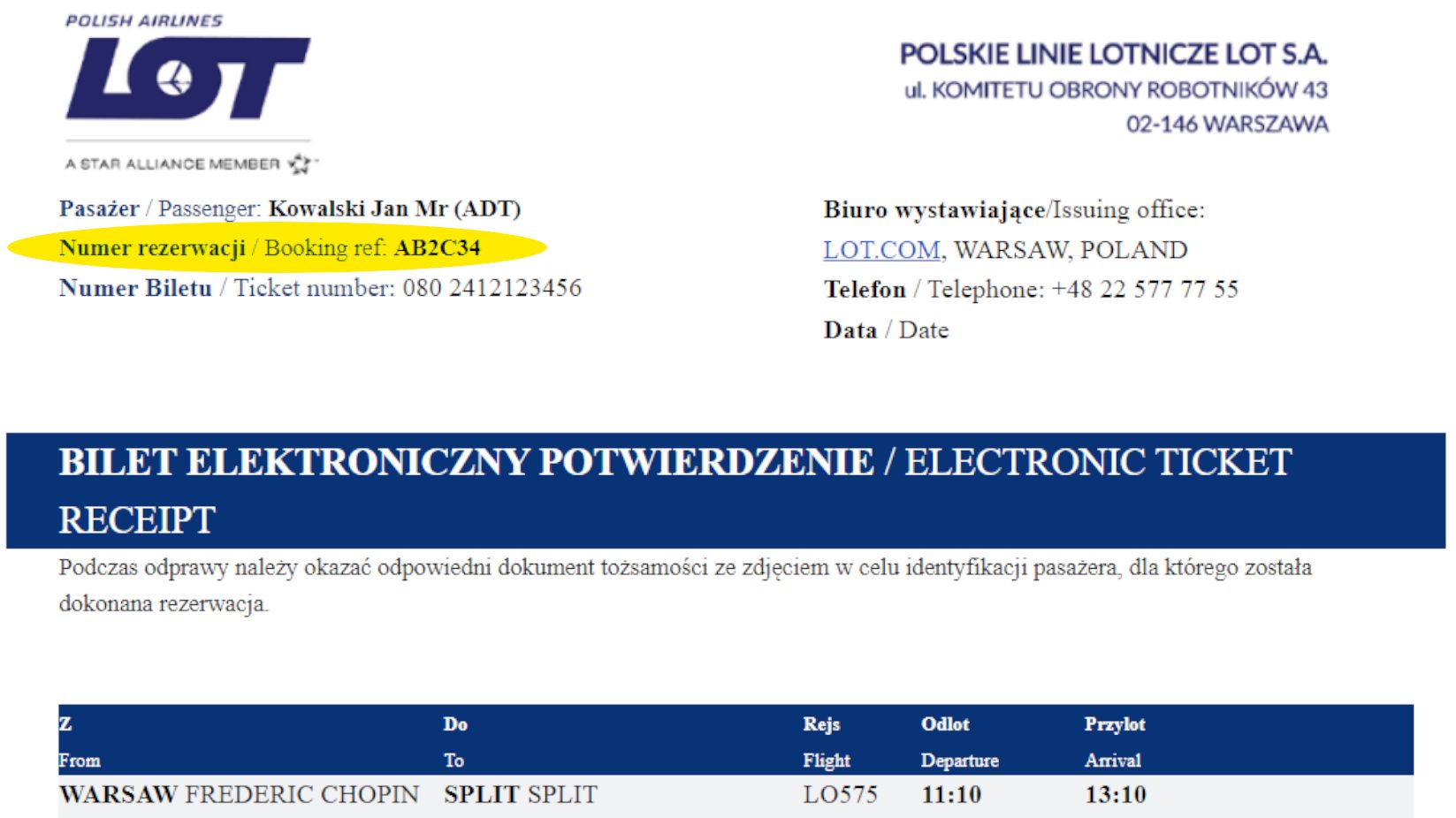 Potwierdzenie biletu elektronicznego otrzymanego na skrzynkę e-mail z zaznaczonym numerem rezerwacji