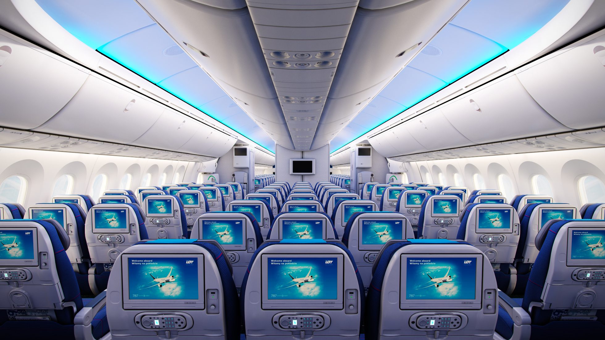 Dreamliner airplane cabin.
