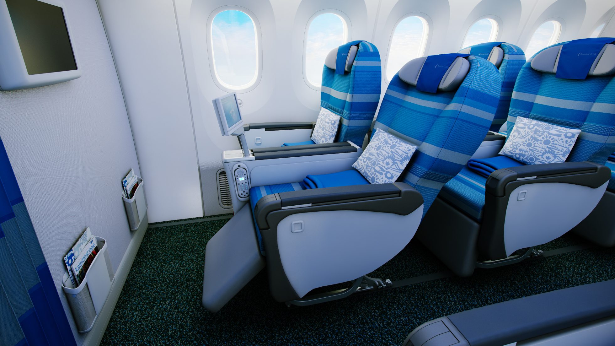 Fotel w LOT Premium Economy na pokładzie Boeing 787 Dreamliner rozłożony do pozycji półleżącej