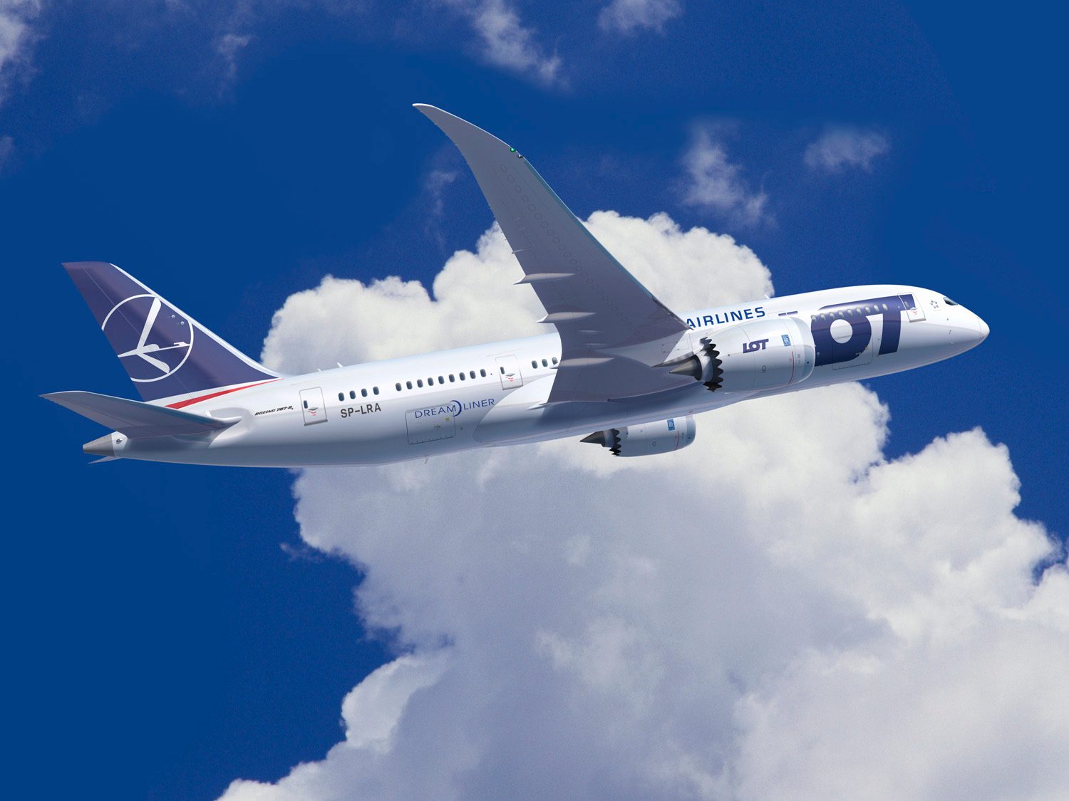 Grafika przedstawiająca samolot Boeing 787 Dreamliner podczas lotu z chmurami i błękitnym niebem w tle