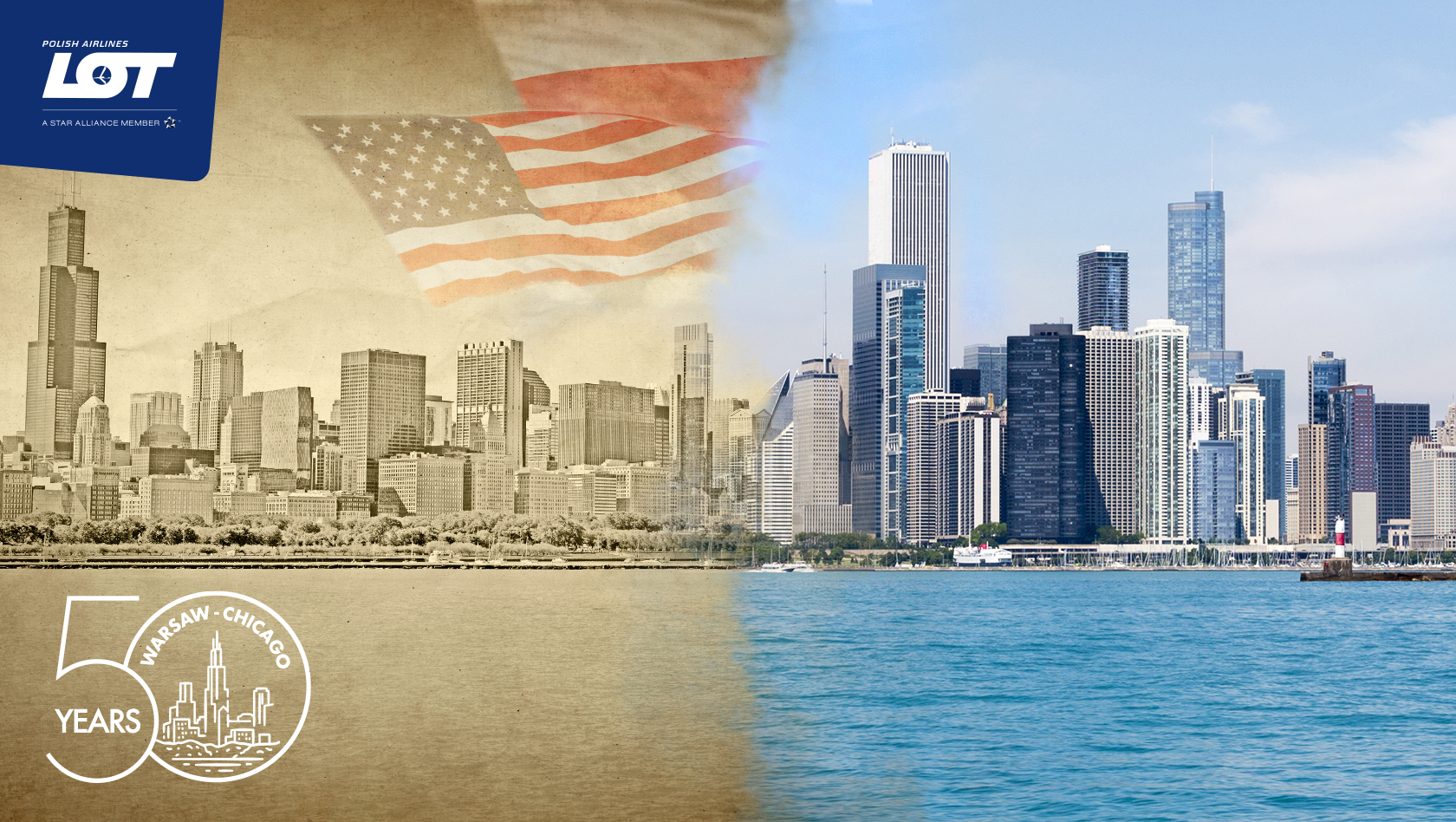 Baner reklamowy z okazji 50-lecia lotu z Warszawy do Chicago