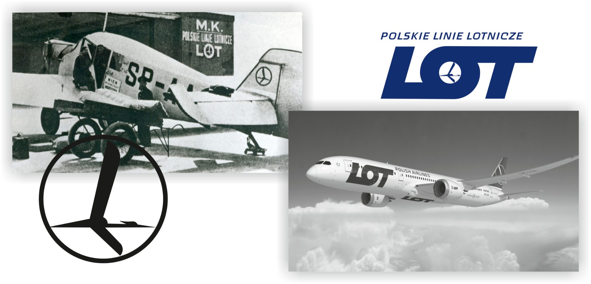 Vergleich des alten und neuen Logos sowie der Flugzeuge von LOT