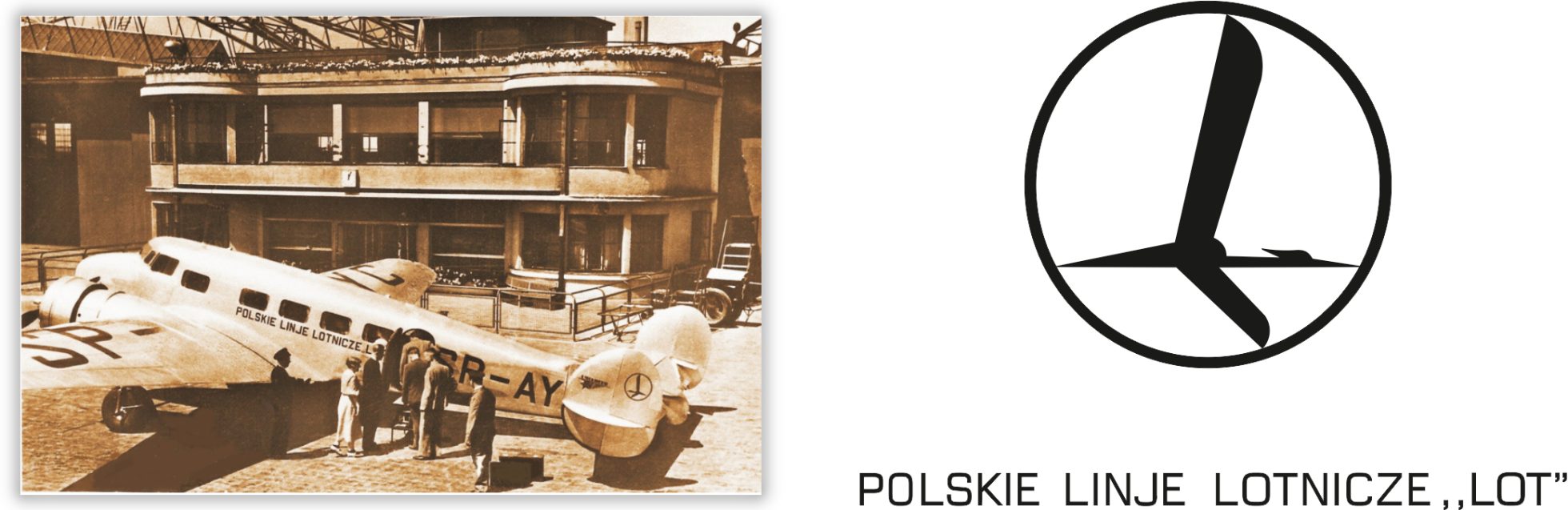 stare logo lot wraz z typografią, obok zdjęcie samolotu LOT w sepii
