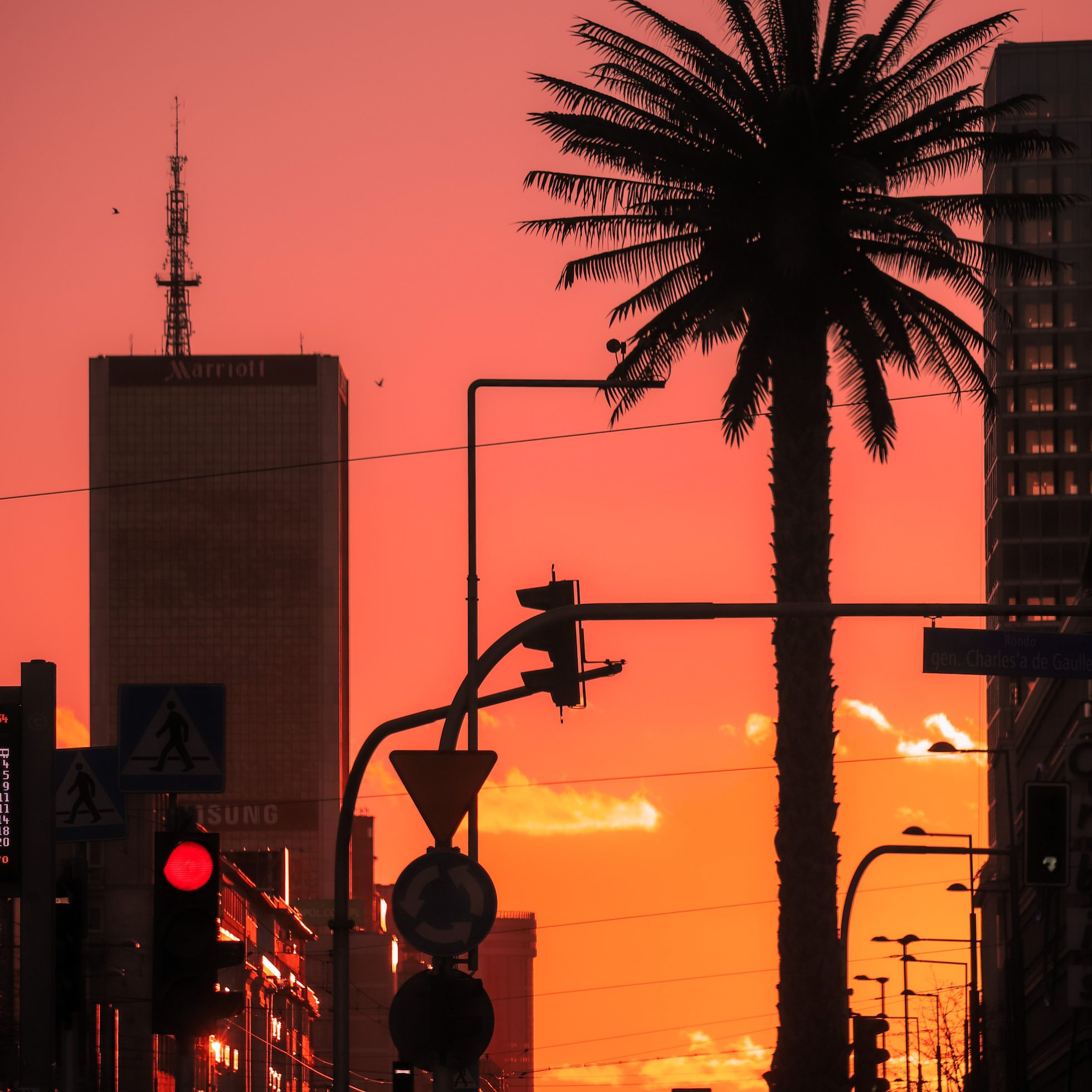 Warschauer Palma im De -Gaulle -Kreisverkehr bei Sonnenuntergang