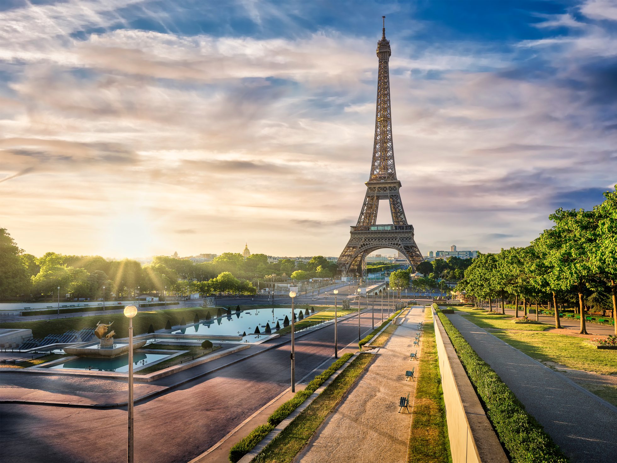 View of the Eiffel Tower and fountains , the most instagrammed places in Paris