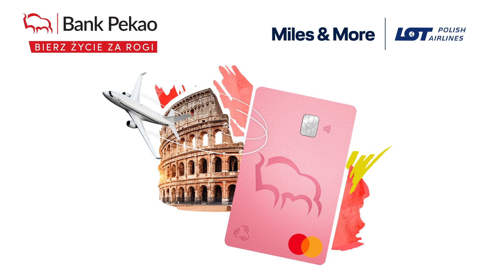 Graphic with Pekao S.A. bank card, colosseum and airplane.